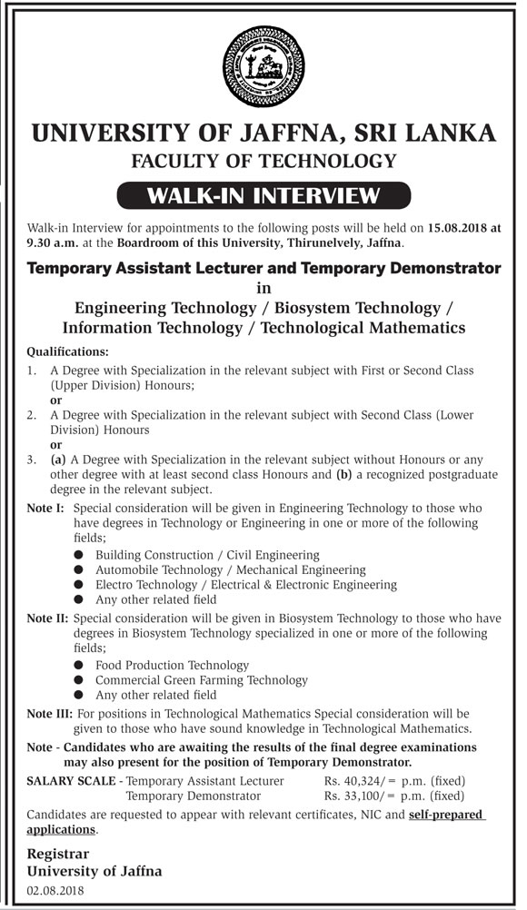 Temporary Assistant Lecturer, Temporary Demonstrator - University of Jaffna